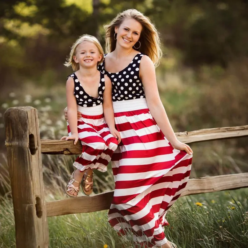 Sale！Polka Dot Stitching Stripe Dresses for Mommy and Me