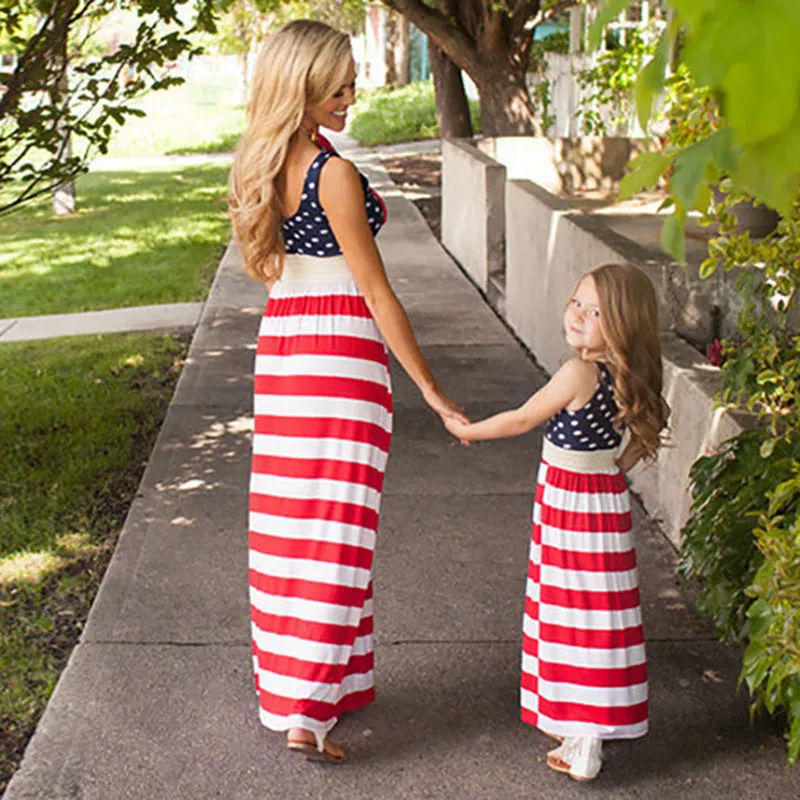 Sale！Polka Dot Stitching Stripe Dresses for Mommy and Me