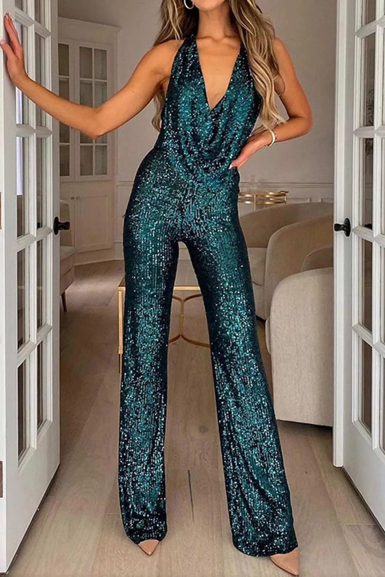Sequin Jumpsuit with V-neck