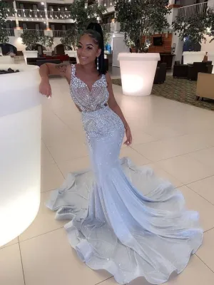 Shiny Sequins African Mermaid Prom Dresses Long Train Black Girls Pageant Graduation Dress P6796