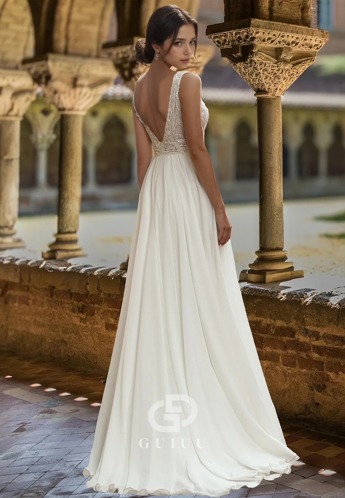 Simple A-Line Spaghetti Straps V-Neck Corset Backless Sequins Satin Wedding Dress