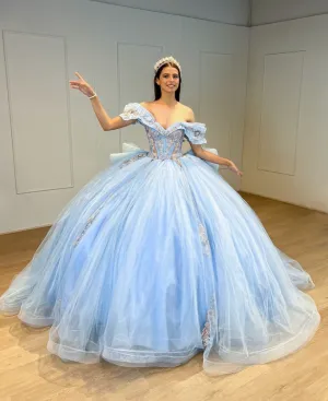 Sky Blue Tulle Off-the-Shoulder Quinceanera Dresses with Bows