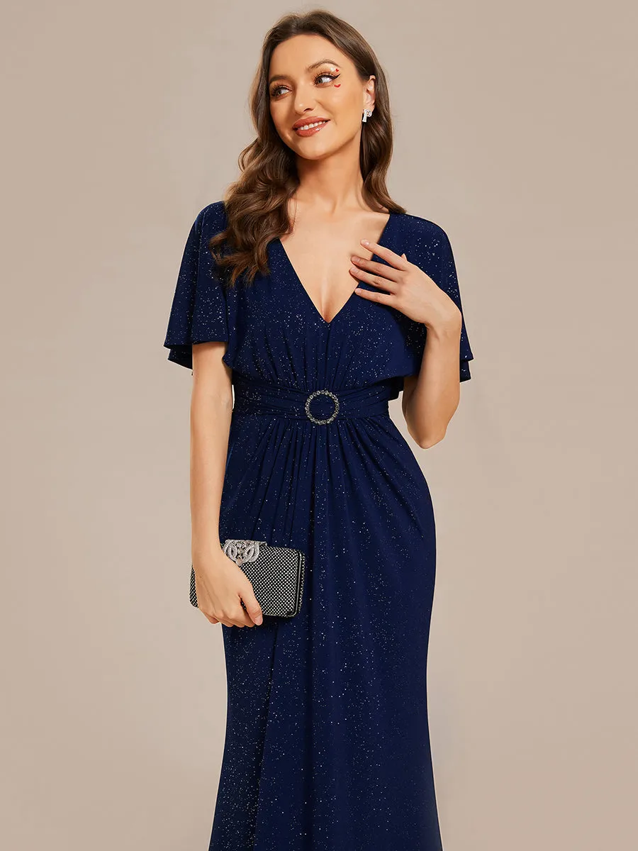 Sparkly Deep V Neck Pleated Wholesale Evening Dresses With Belt