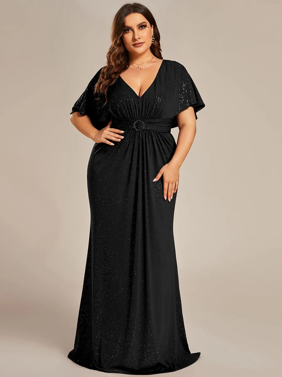 Sparkly Deep V Neck Pleated Wholesale Evening Dresses With Belt