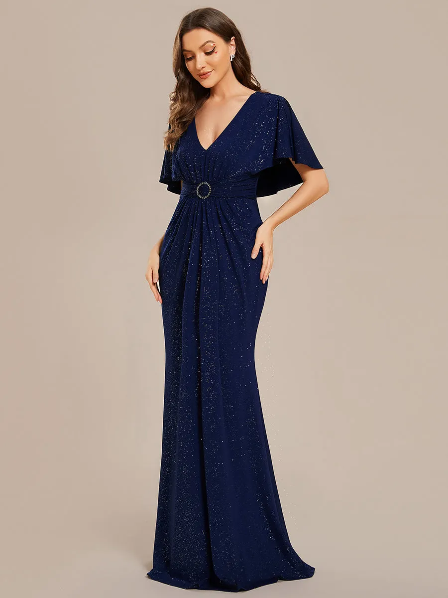 Sparkly Deep V Neck Pleated Wholesale Evening Dresses With Belt
