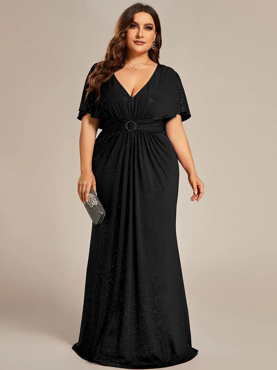Sparkly Deep V Neck Pleated Wholesale Evening Dresses With Belt