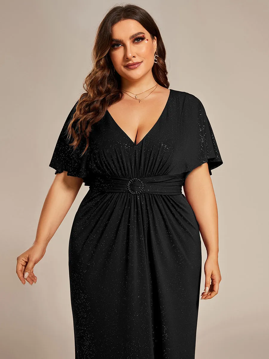 Sparkly Deep V Neck Pleated Wholesale Evening Dresses With Belt