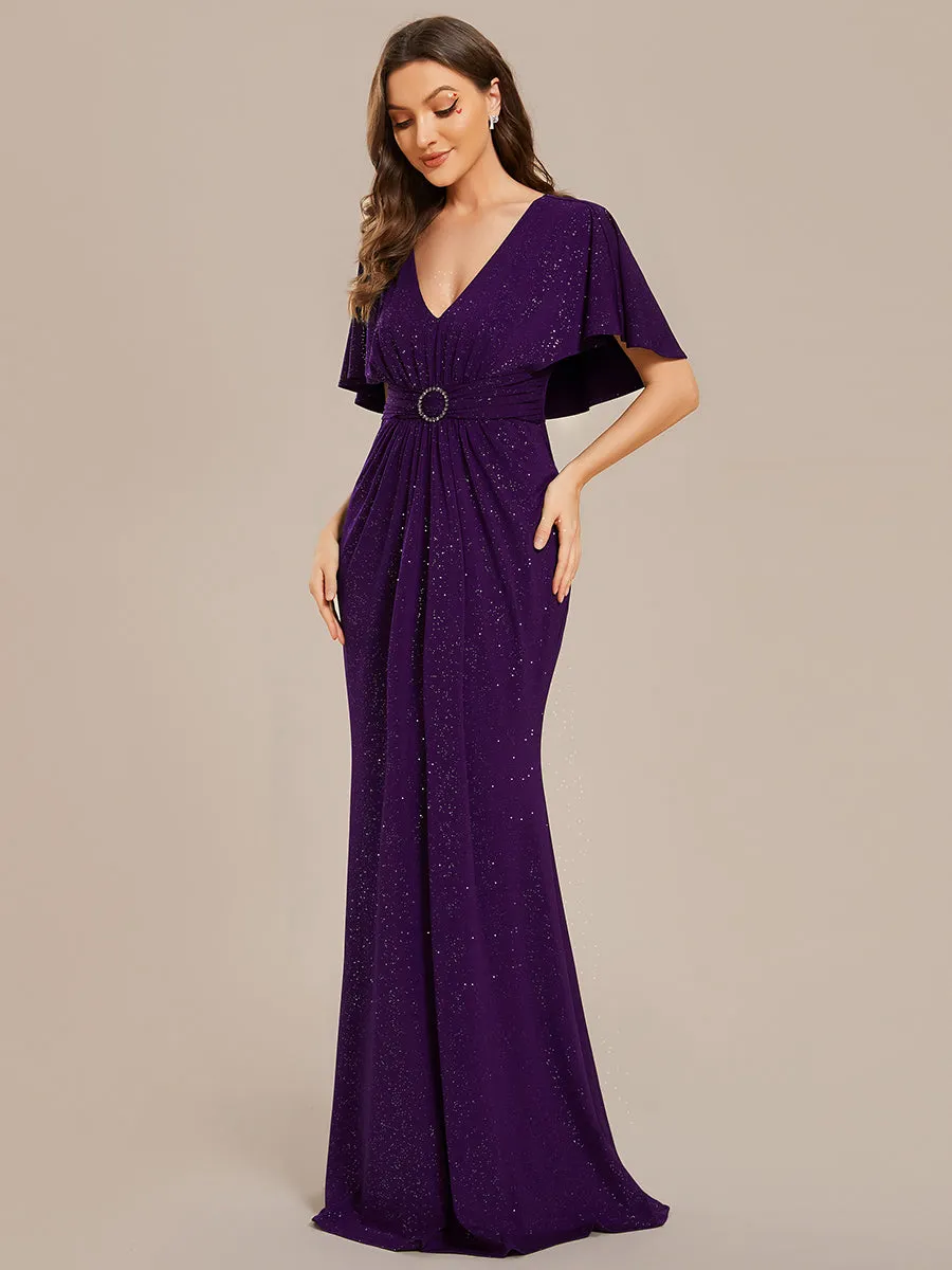 Sparkly Deep V Neck Pleated Wholesale Evening Dresses With Belt