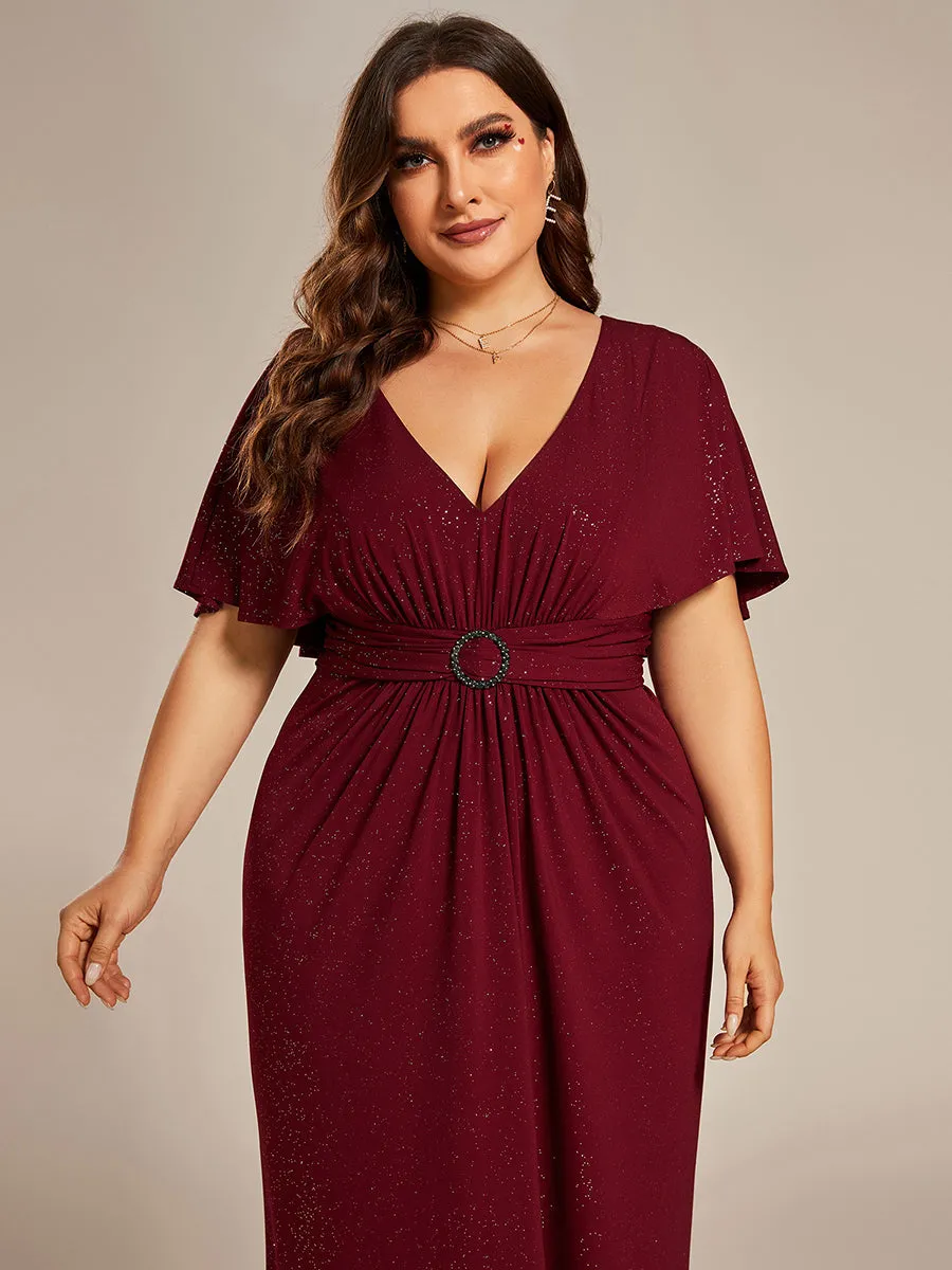 Sparkly Deep V Neck Pleated Wholesale Evening Dresses With Belt