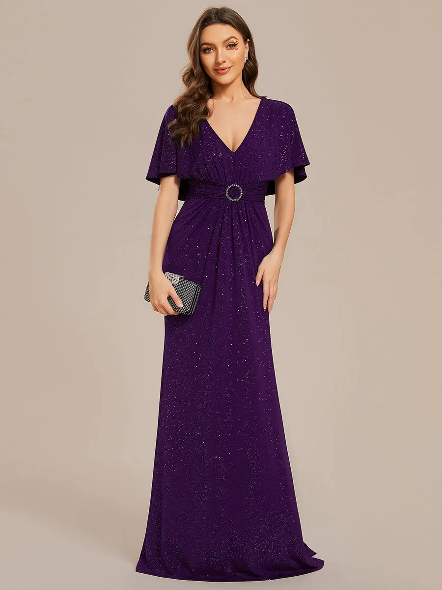 Sparkly Deep V Neck Pleated Wholesale Evening Dresses With Belt