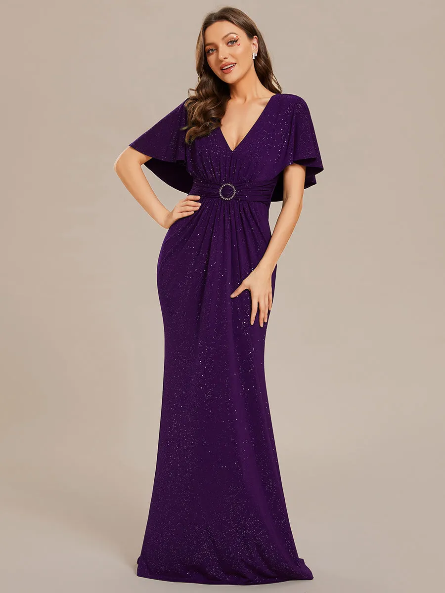 Sparkly Deep V Neck Pleated Wholesale Evening Dresses With Belt