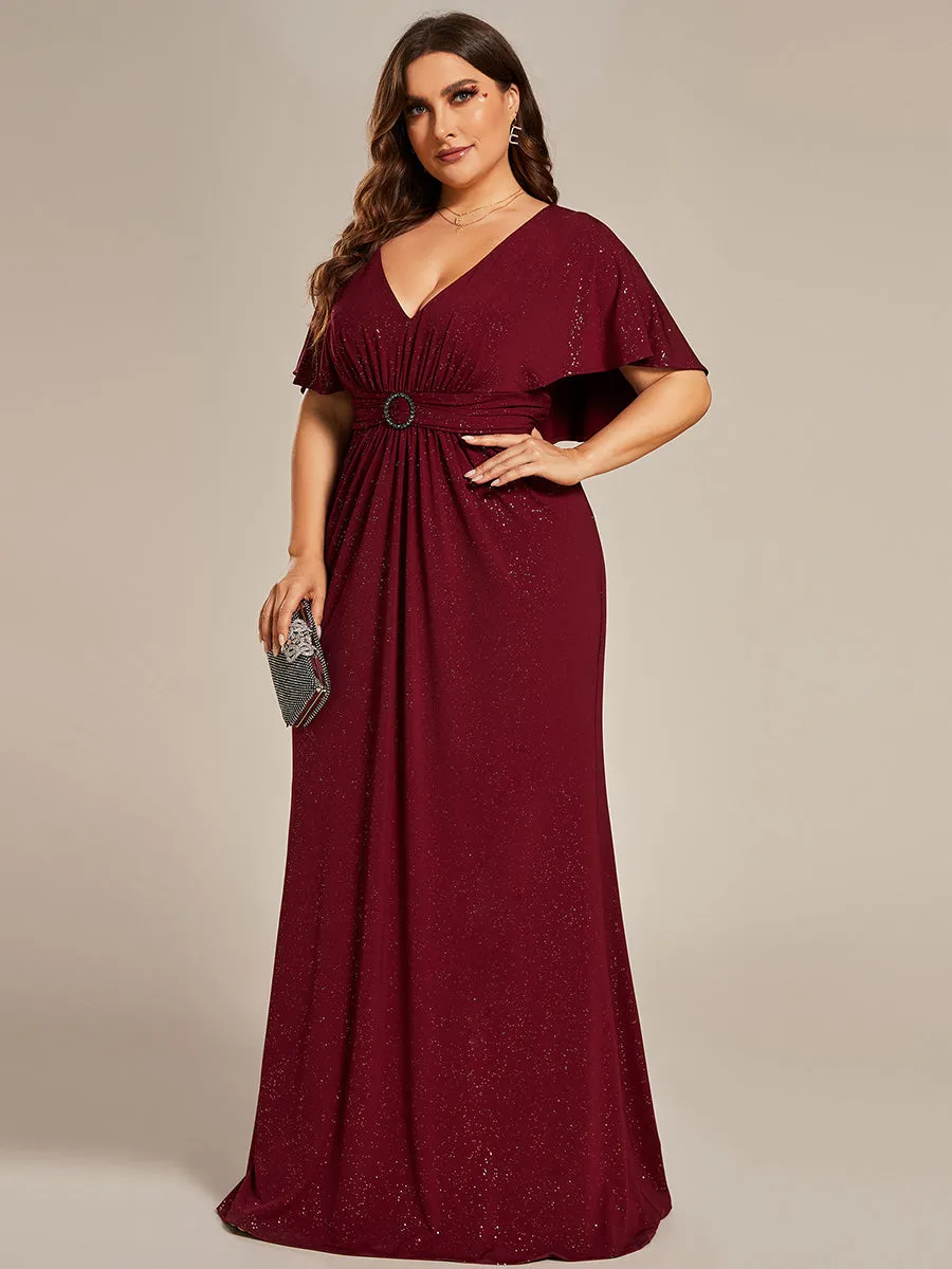 Sparkly Deep V Neck Pleated Wholesale Evening Dresses With Belt