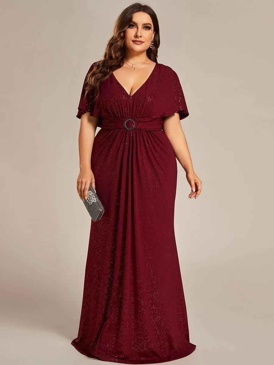 Sparkly Deep V Neck Pleated Wholesale Evening Dresses With Belt