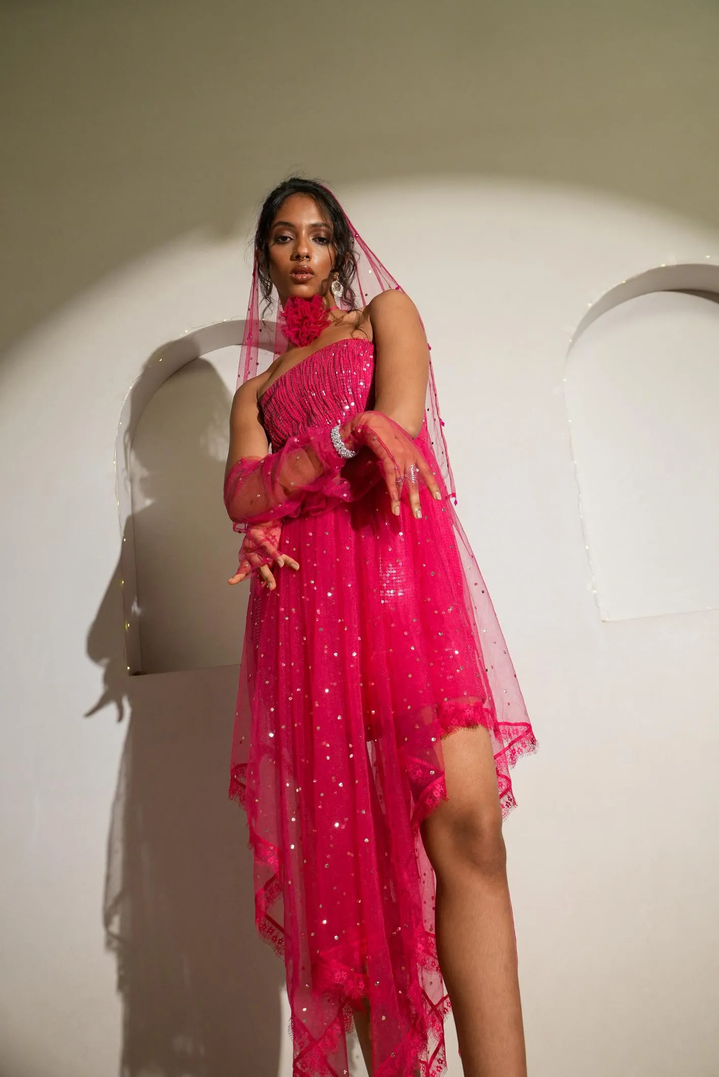 SPINEL PINK MUKAISH WORK TUBE DRESS