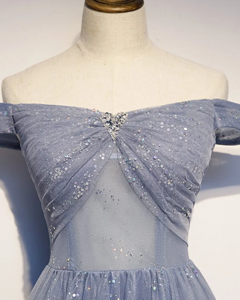 Strapless Blue Tulle Beaded Long A Line Off Shoulder Prom Dress, Evening Dress KS7423