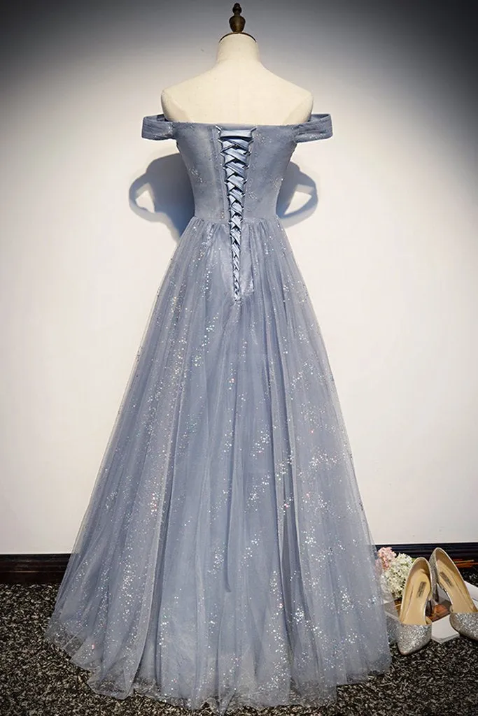 Strapless Blue Tulle Beaded Long A Line Off Shoulder Prom Dress, Evening Dress KS7423