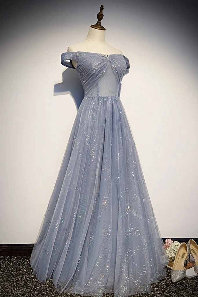 Strapless Blue Tulle Beaded Long A Line Off Shoulder Prom Dress, Evening Dress KS7423