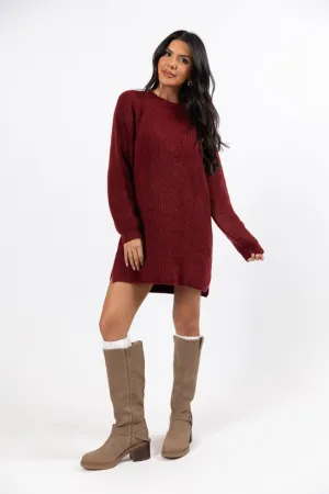 Sweet and Simple Red Crewneck Sweater Dress