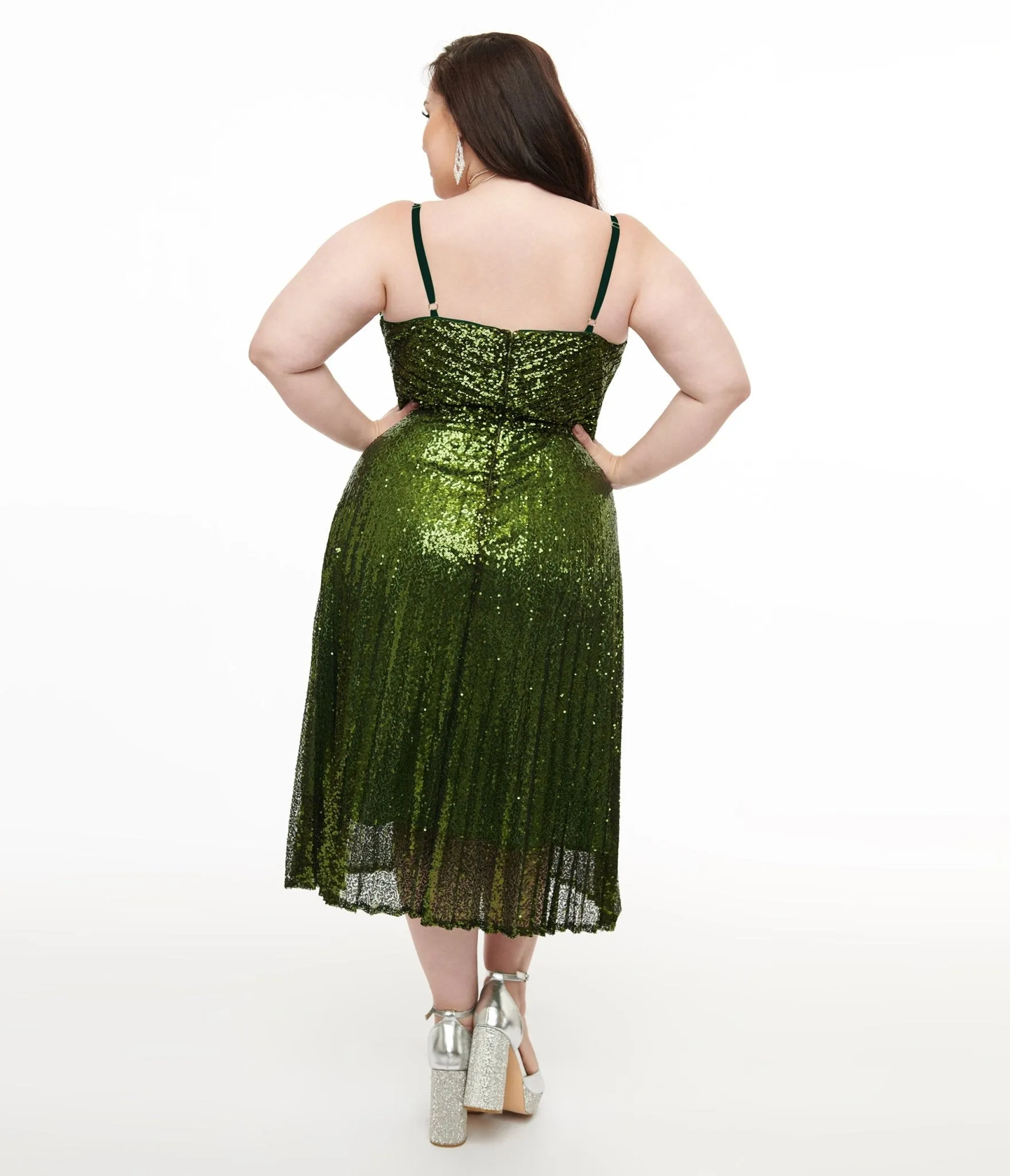 Unique Vintage Plus Size 1950s Emerald Pleated Sequin Swing Dress