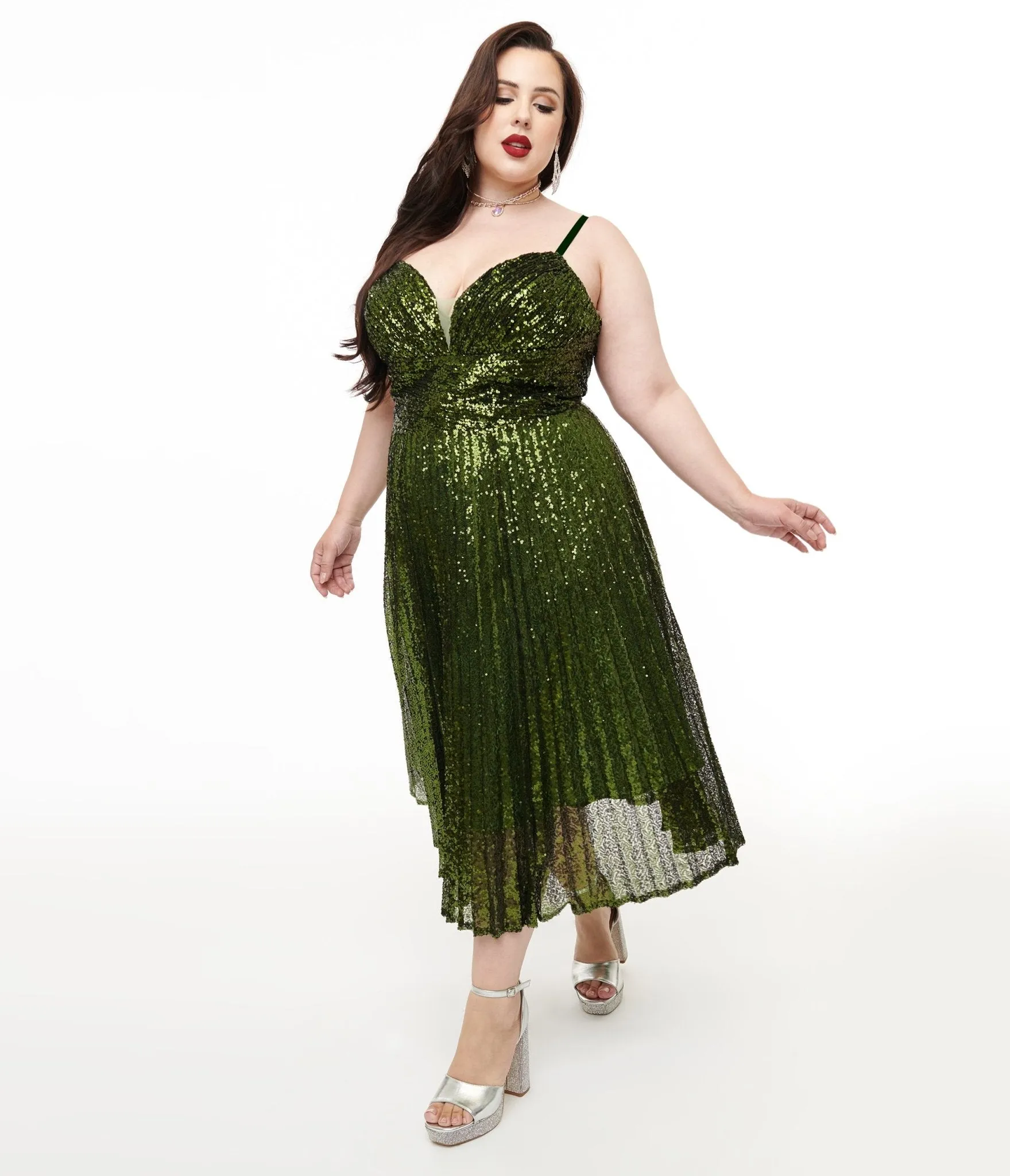Unique Vintage Plus Size 1950s Emerald Pleated Sequin Swing Dress