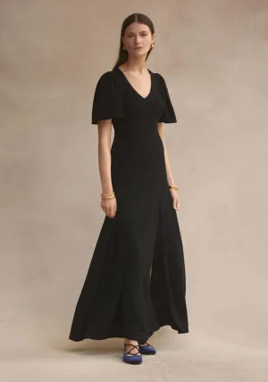 V-NECK FLUTED COMO MAXI DRESS BLACK LAME