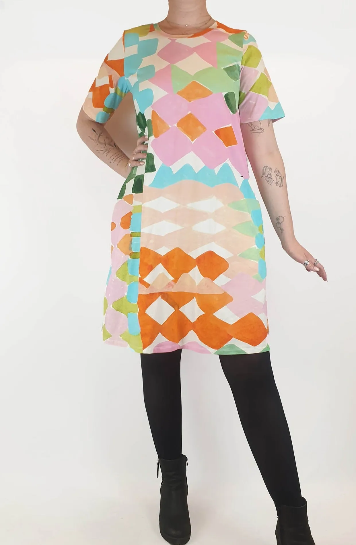 Variety Hour colourful print tee shirt dress size M