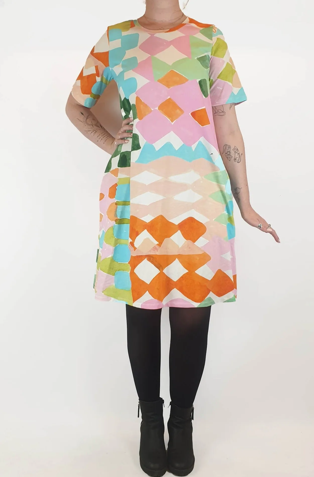 Variety Hour colourful print tee shirt dress size M