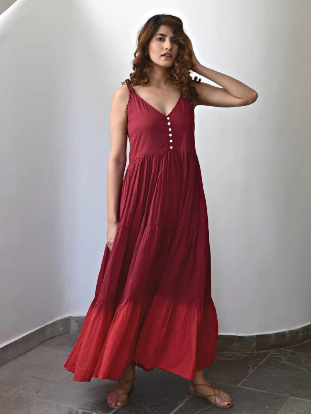 Wine Sleeveless Cotton Voile Maxi Dress
