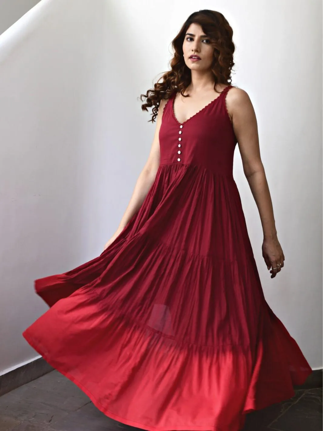 Wine Sleeveless Cotton Voile Maxi Dress