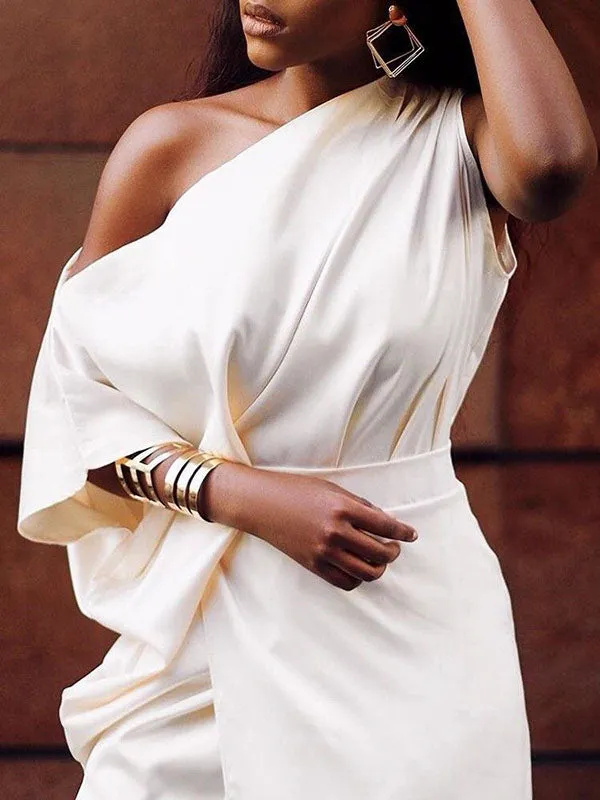 xakxx Asymmetric Split-Side One-Shoulder Midi Dresses