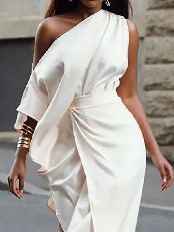 xakxx Asymmetric Split-Side One-Shoulder Midi Dresses