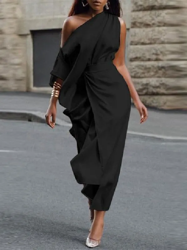 xakxx Asymmetric Split-Side One-Shoulder Midi Dresses