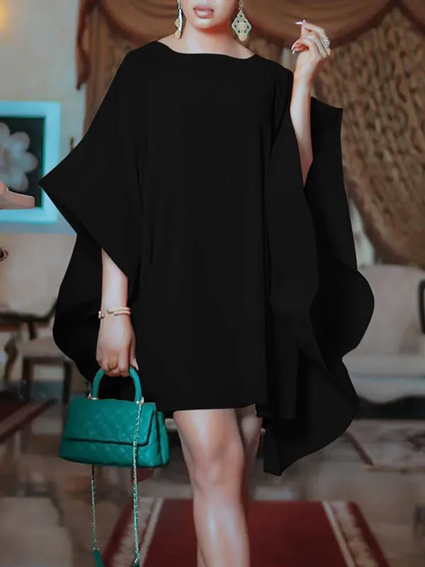 xakxx Batwing Sleeves Loose Solid Color Round-Neck Mini Dresses
