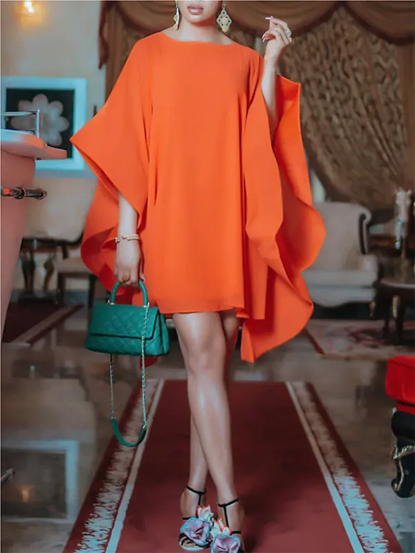 xakxx Batwing Sleeves Loose Solid Color Round-Neck Mini Dresses
