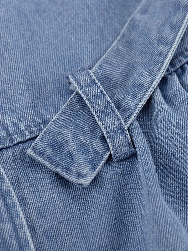 xakxx Long Sleeves Loose Split-Joint Tied Waist V-Neck Denim Mini Dresses
