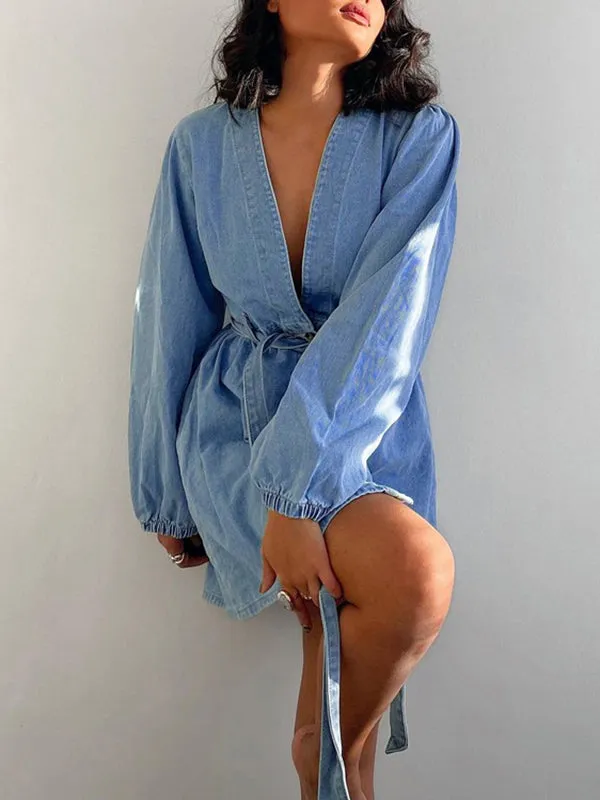 xakxx Long Sleeves Loose Split-Joint Tied Waist V-Neck Denim Mini Dresses