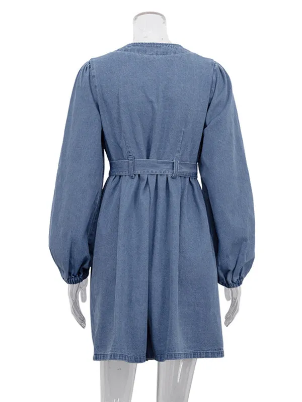 xakxx Long Sleeves Loose Split-Joint Tied Waist V-Neck Denim Mini Dresses