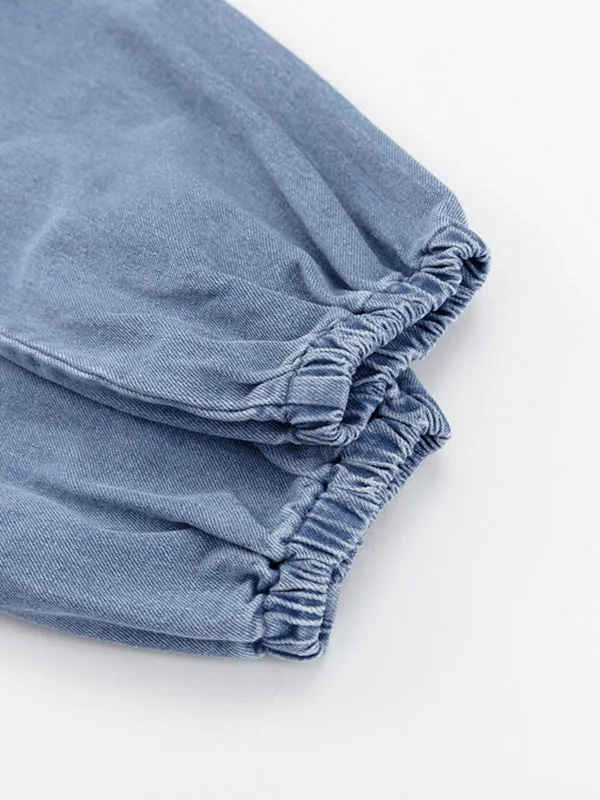 xakxx Long Sleeves Loose Split-Joint Tied Waist V-Neck Denim Mini Dresses