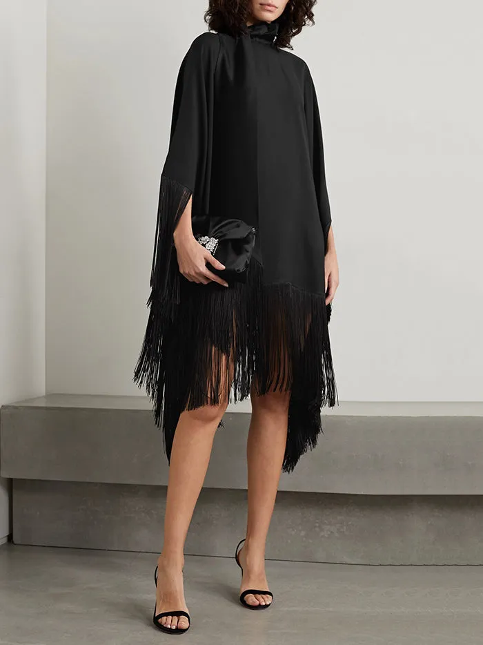 xakxx Loose Fringed High Neckline With A Scarf-Like Panel Solid Midi Dresses